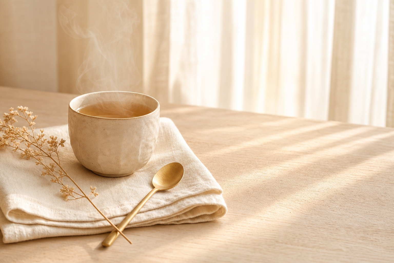 A calm cup of herbal tea in soft morning light, the Aevia wellness mood